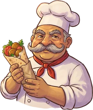 Abu Zaid holding a falafel wrap
