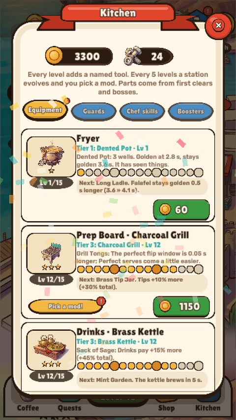 The Kitchen screen: fryer, charcoal grill and brass kettle upgrades
